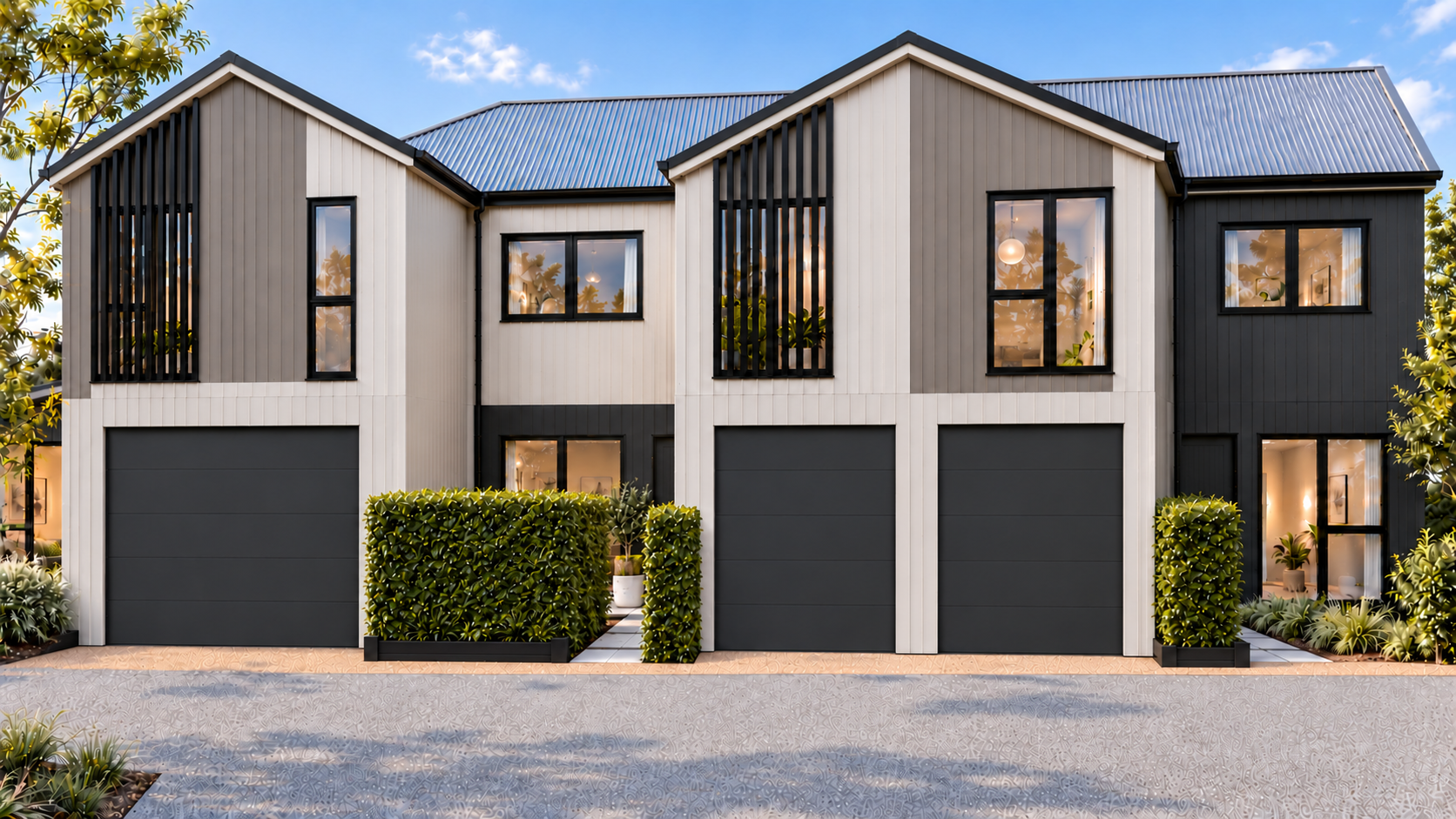 Residence 02 front courtyard, with garage doors aligned with the front hedge and the pedestrian strip directly in front, artist impression