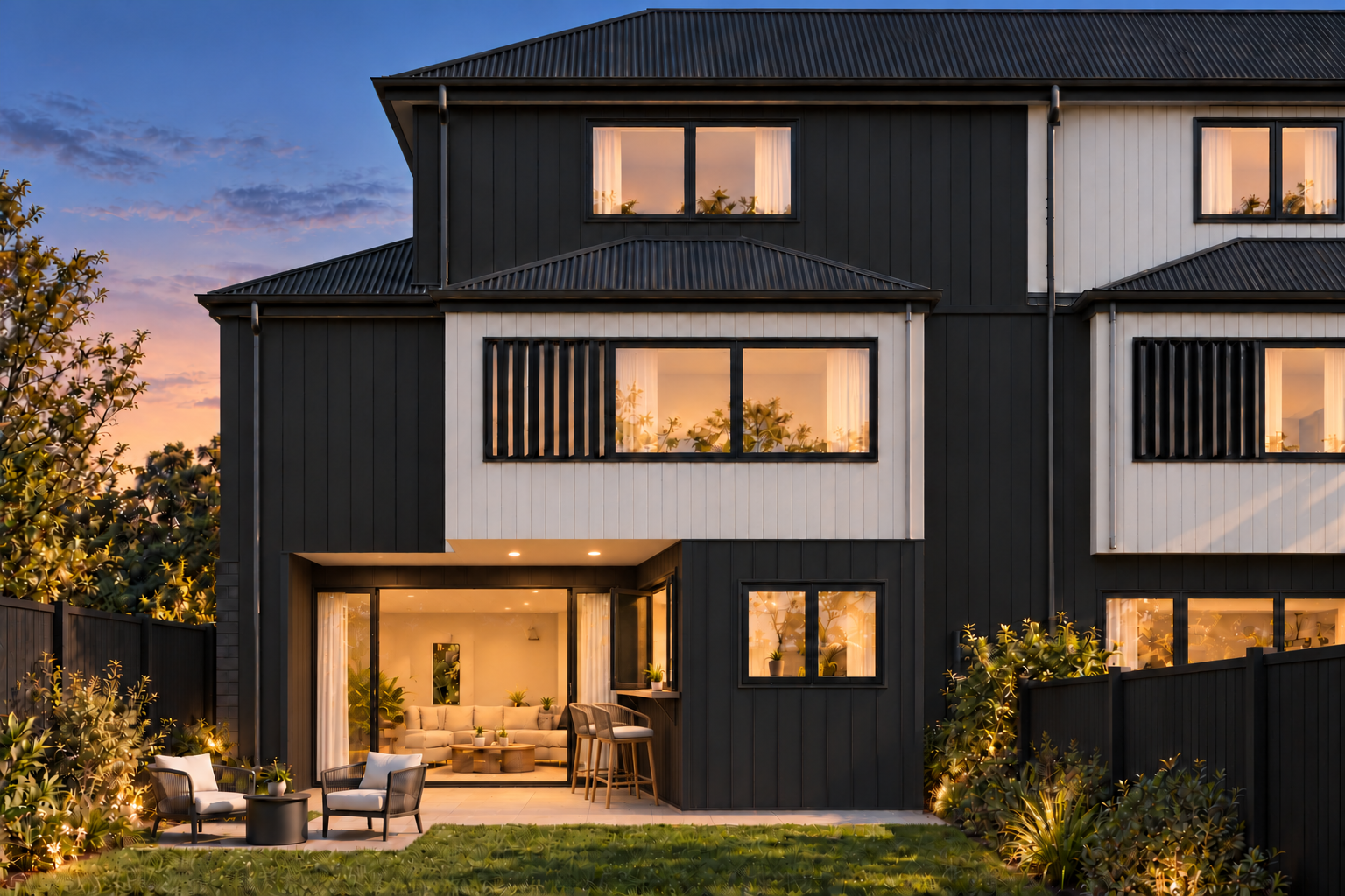 Residence 07 garden, dusk, established planting, artist impression