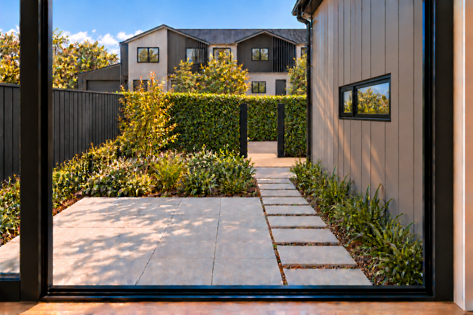 Residence 1: doorway outlook with established planting, artist impression