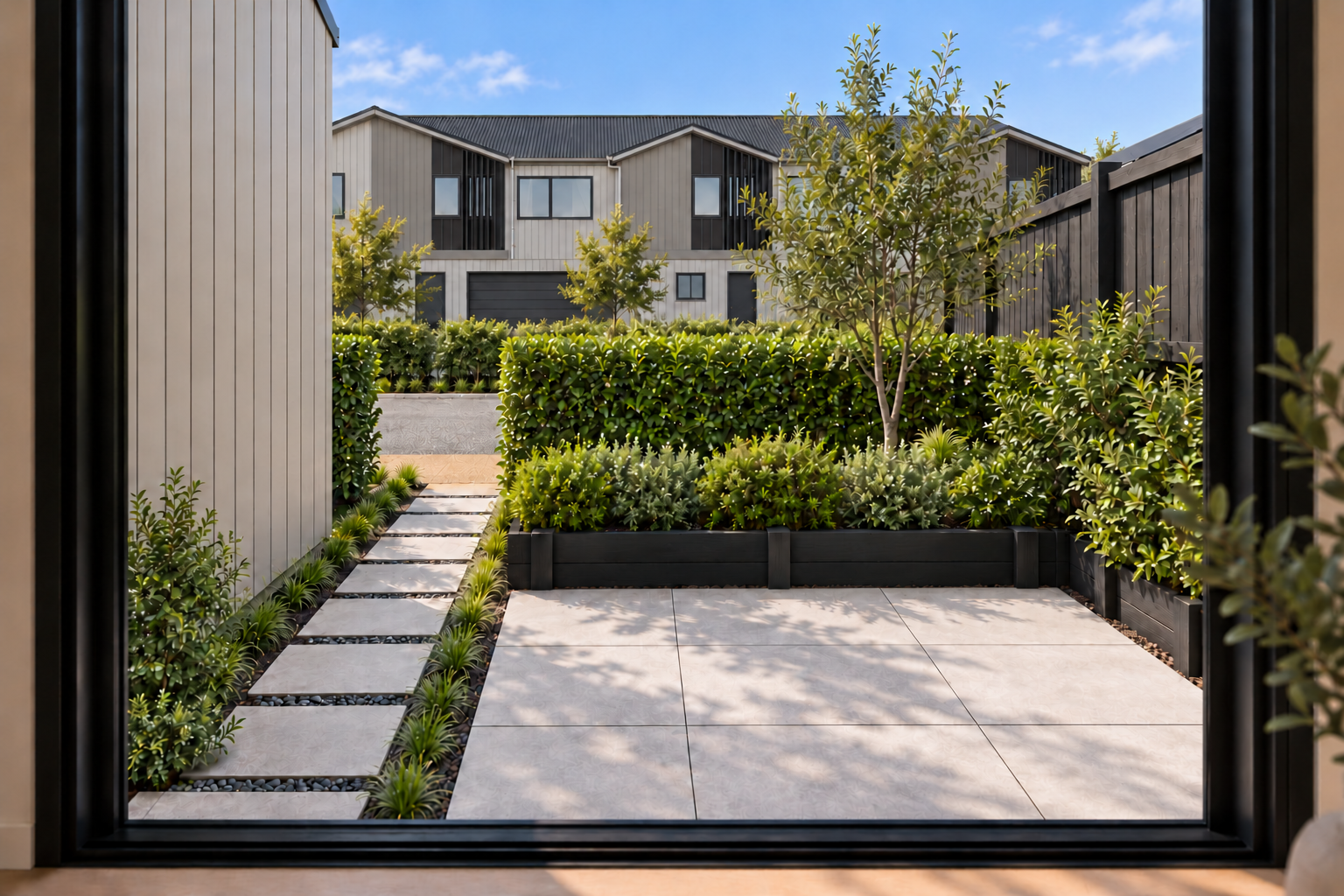 Residence 2: doorway outlook with established planting, artist impression