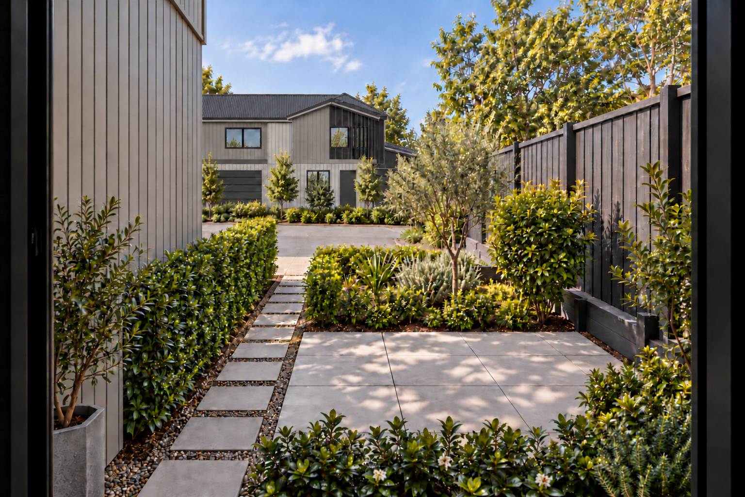 Residence 3: doorway outlook with established planting, artist impression