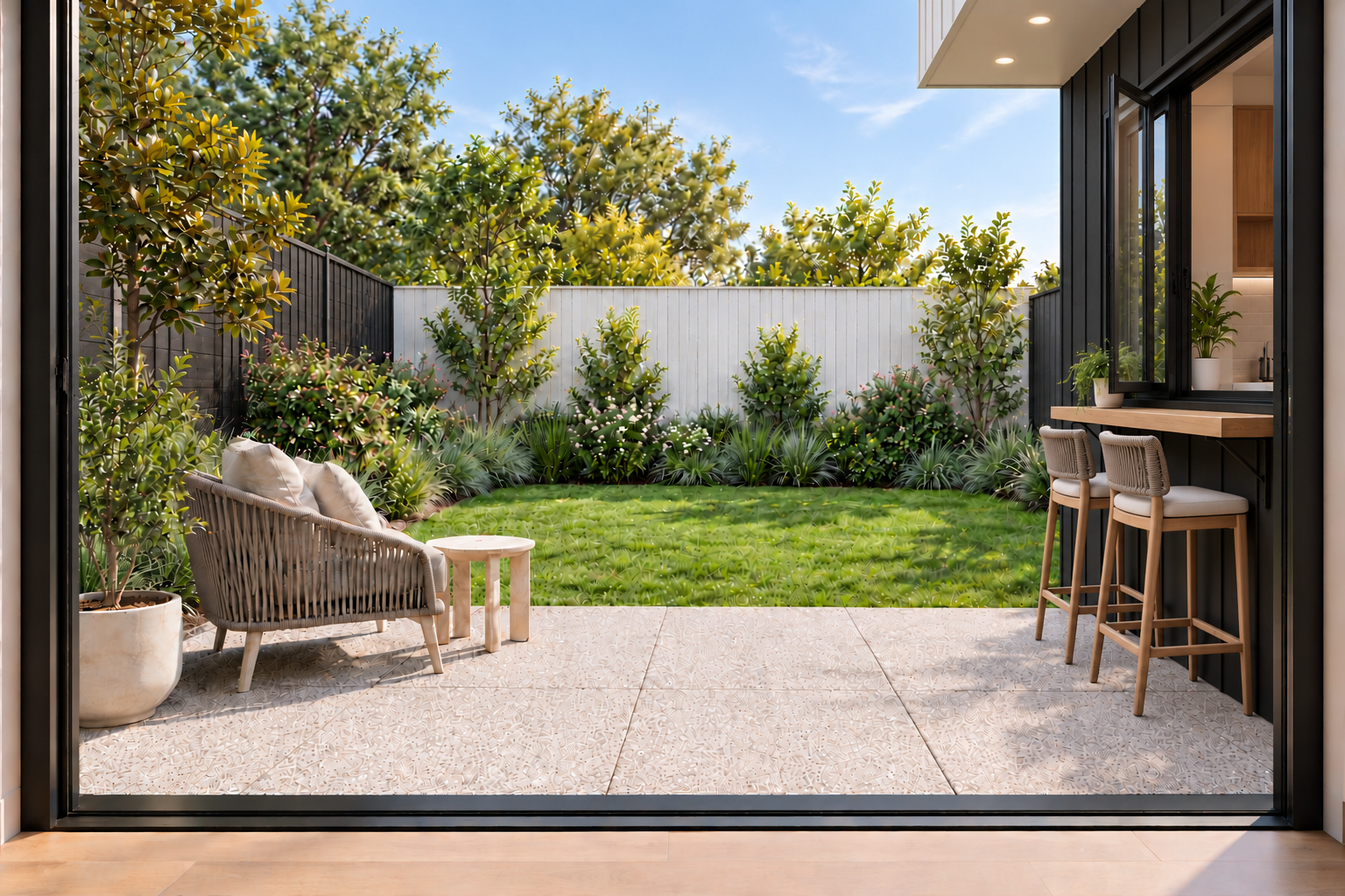Residence 4: doorway outlook with established planting, artist impression