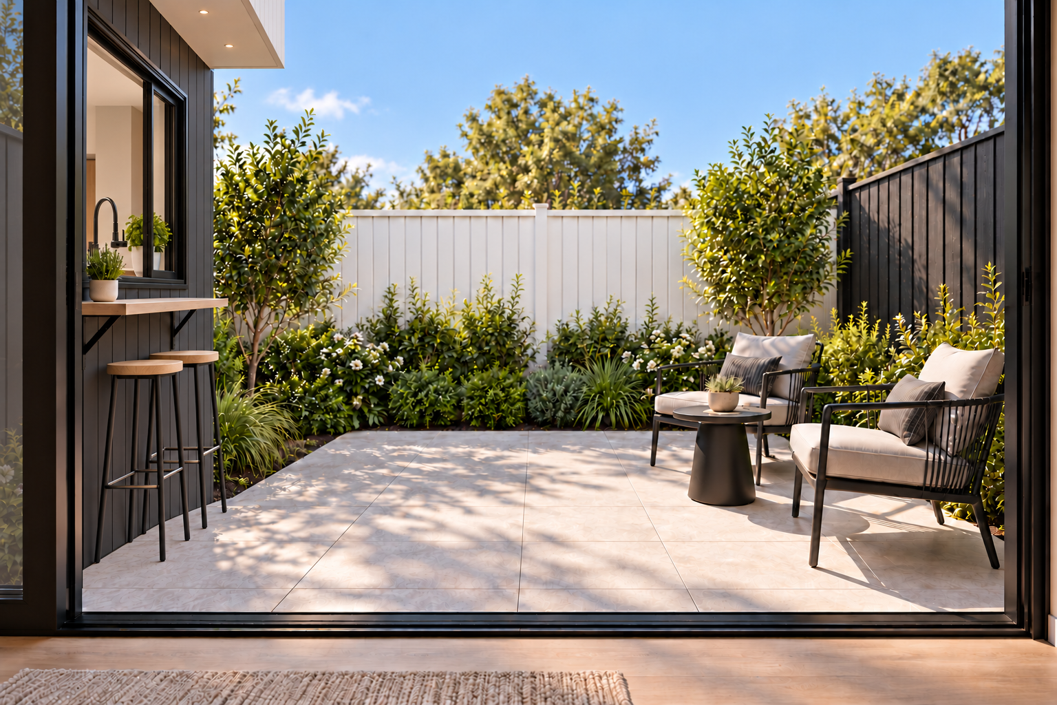 Residence 5: doorway outlook with established planting, artist impression