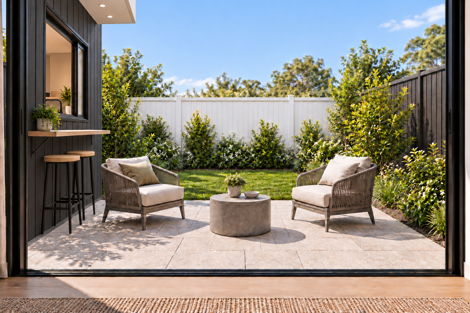 Residence 6: doorway outlook with established planting, artist impression