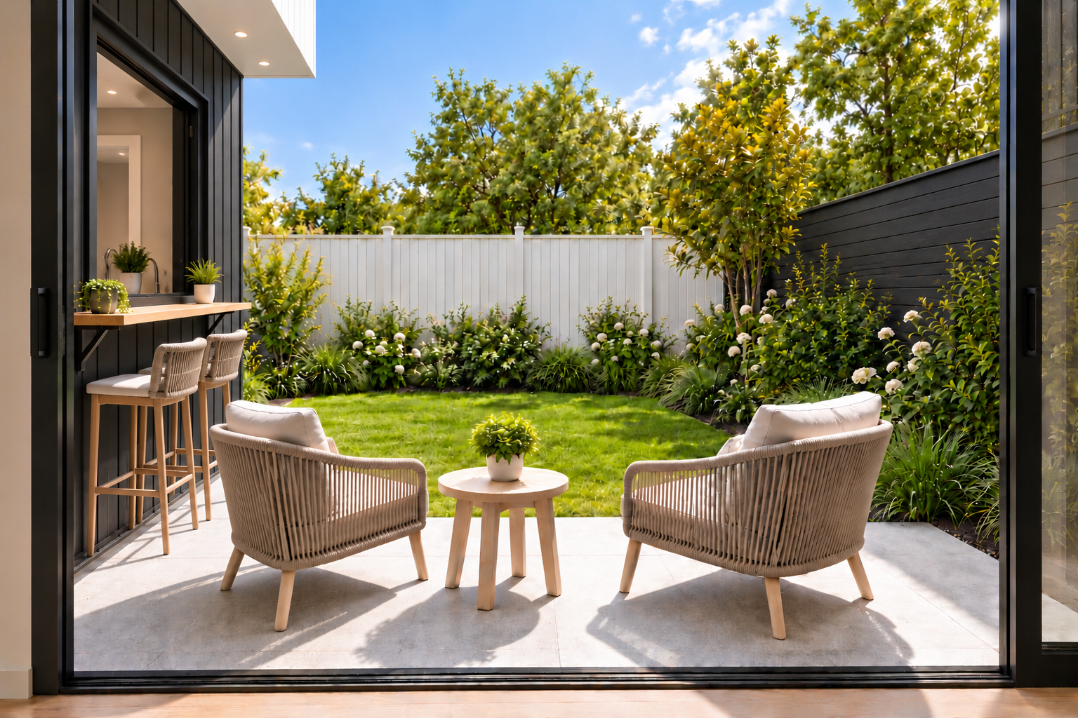 Residence 7: doorway outlook with established planting, artist impression